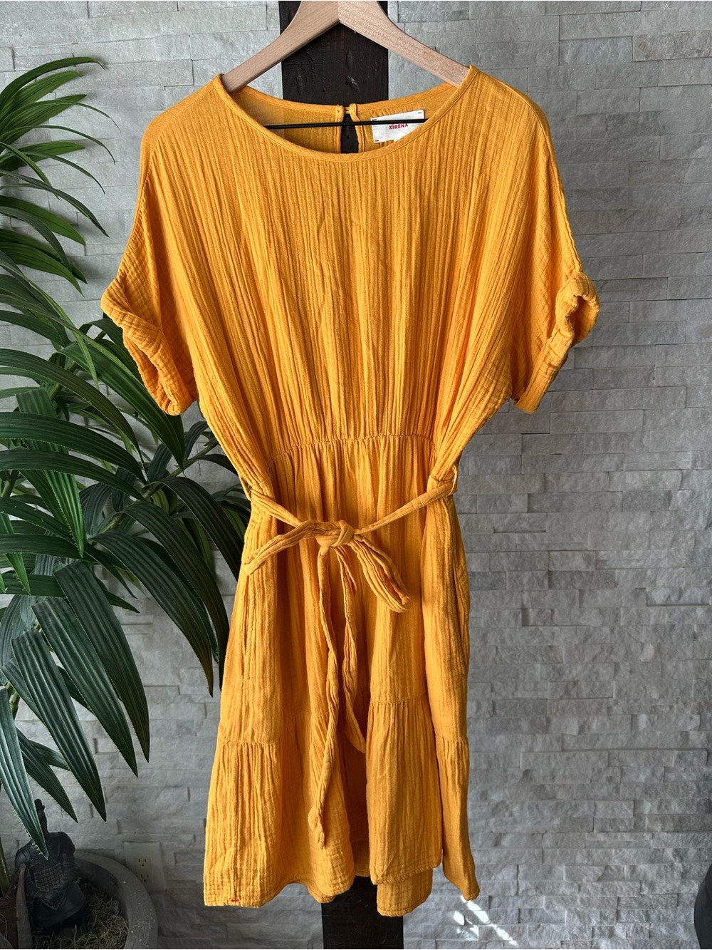 XIRENA Mustard Yellow Aiden Dress in Sun Tie-Waist Gauzy Cotton Dress Size S